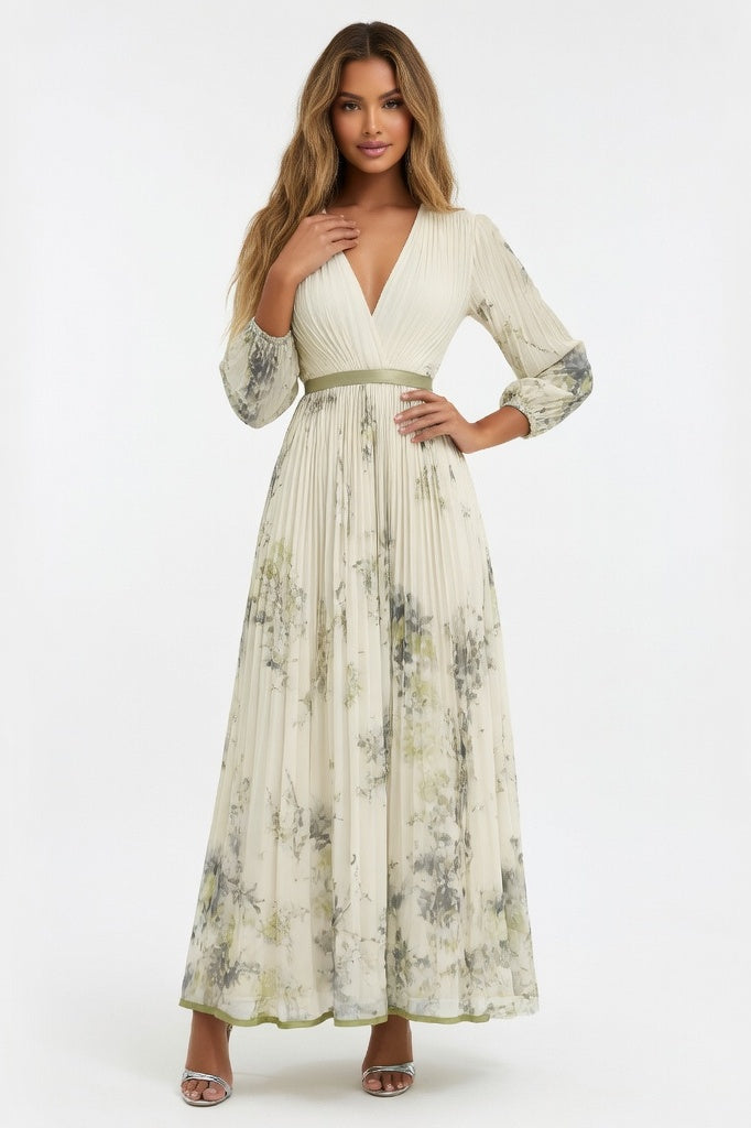 V-Neck Printed Midi Dress — Yellow Print