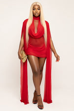 Mock Neck Mesh Bodycon Dress — Red