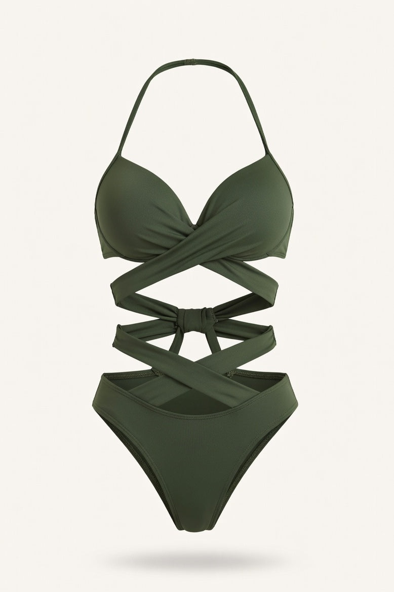 High Waist Cut-Out Bikini — Army Green