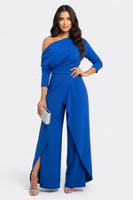 One Shoulder Pleated Wide Leg Jumpsuit — Blue