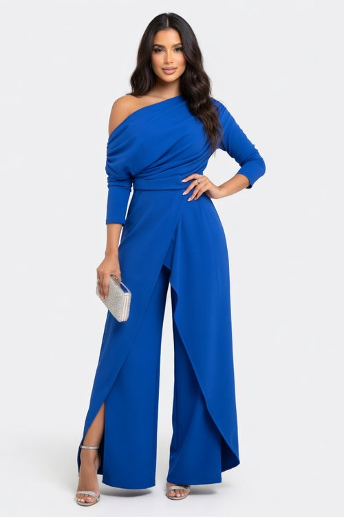One Shoulder Pleated Wide Leg Jumpsuit — Blue