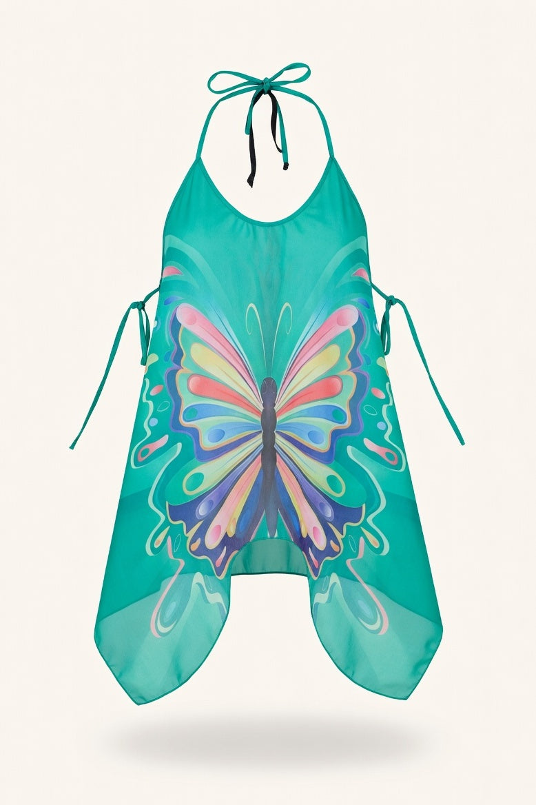 Butterfly Print Halter Dress — Grass Green