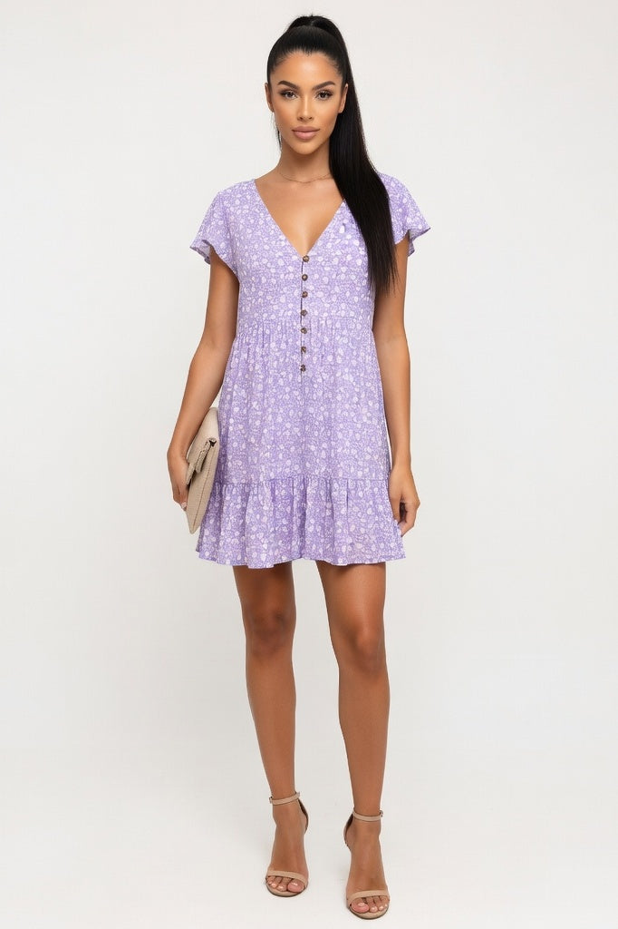 V-Neck Floral Chiffon Dress — Light Purple