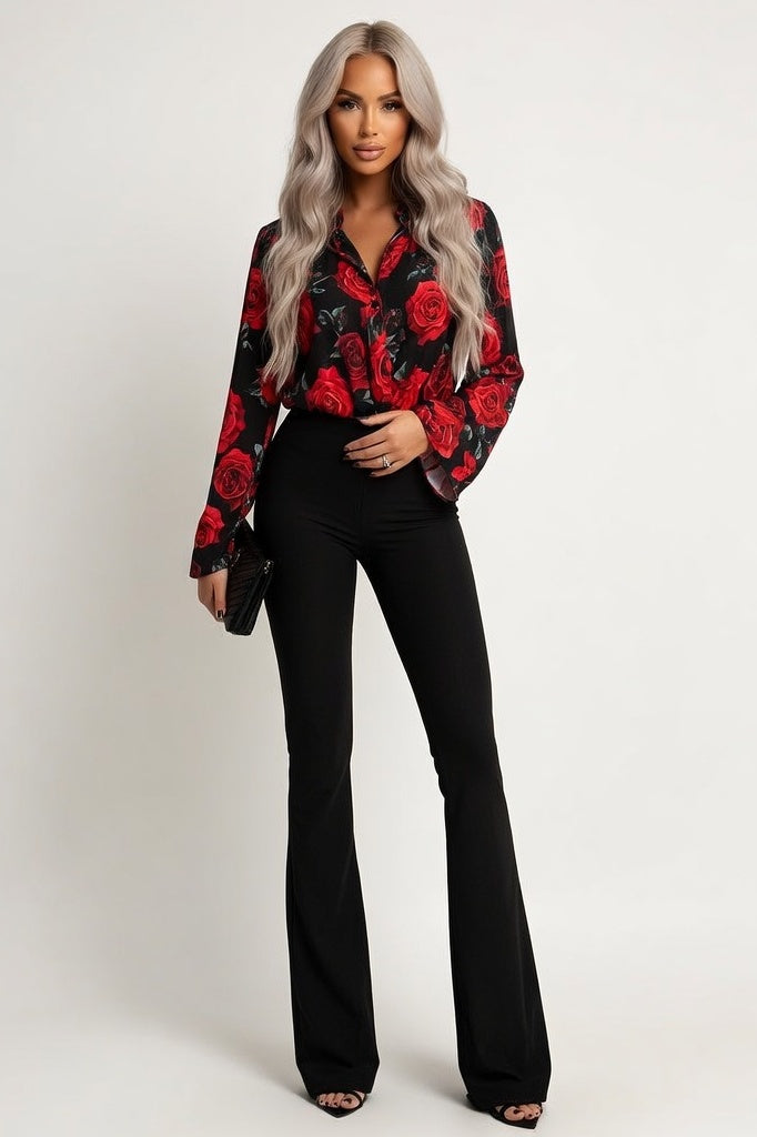 High-Waisted Flare Trousers — Black
