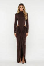 High-Neck Cutout Midi Dress — Brown