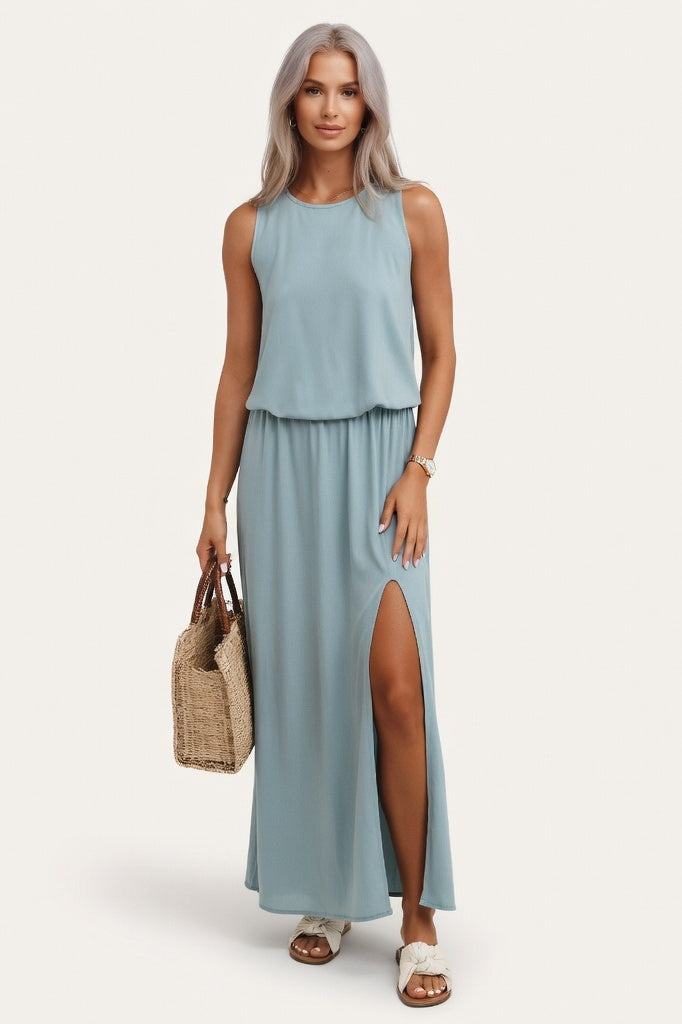 Modal Halter Split Midi Dress — Grey