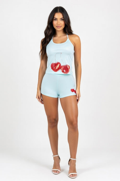Cherry Print Halter Two-Piece Set — Blue