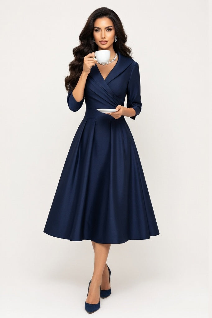 V-Neck Waist-Cinched Dress — Dark Blue