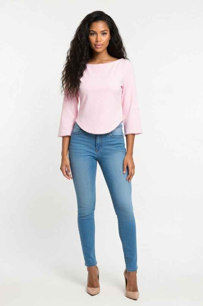 Fitted Cotton Three-Quarter Sleeve Top — Pink