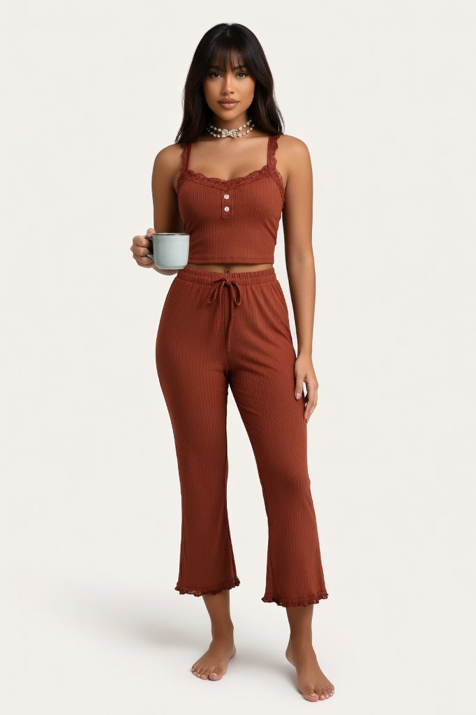 Lace Cami Pyjama Set — Earth Red Brown