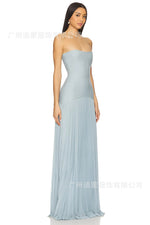 Striped Tube Top Pleated Dress — Sky Blue — colour variant