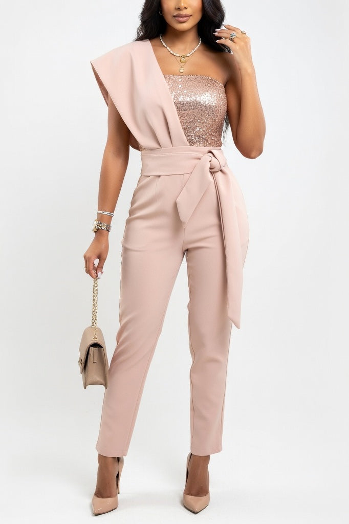 Sequined Sleeveless Jumpsuit — Pink Sequin
