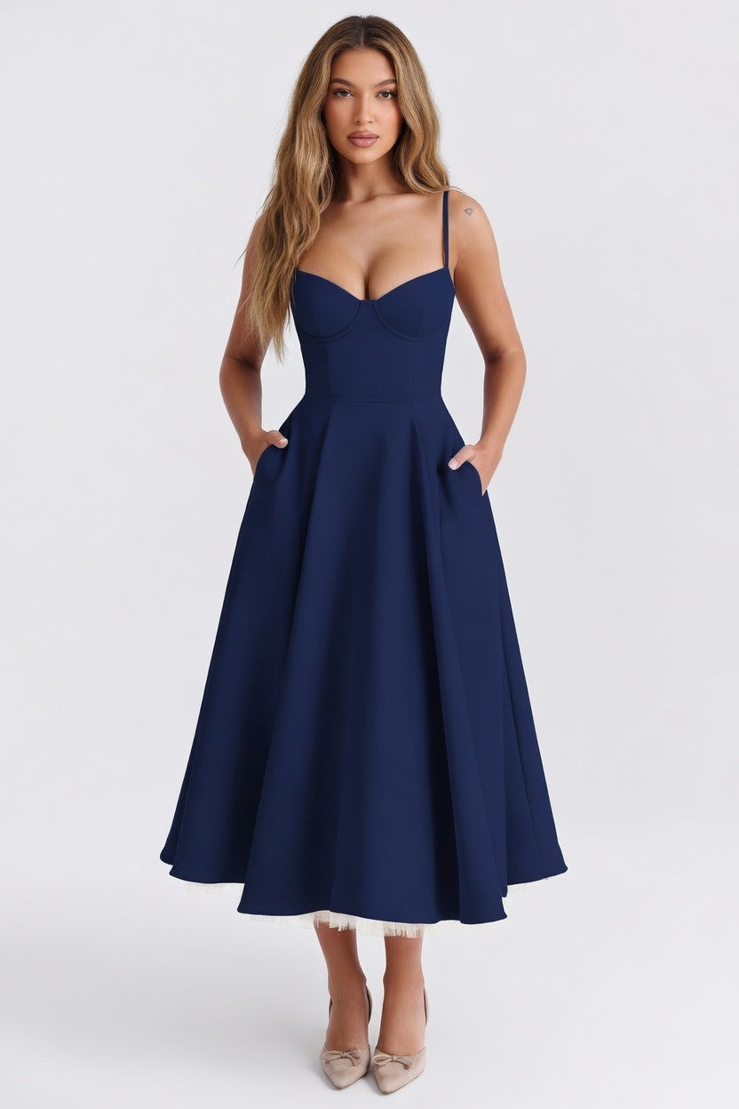 Mesh Double Layer Halter Dress — Navy Blue