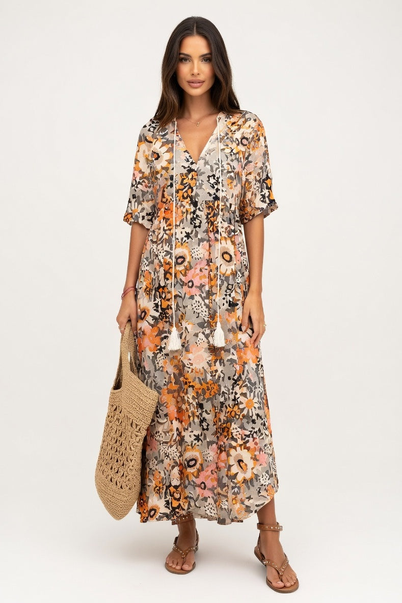 V-Neck Printed Mid-Sleeve Dress — Camel