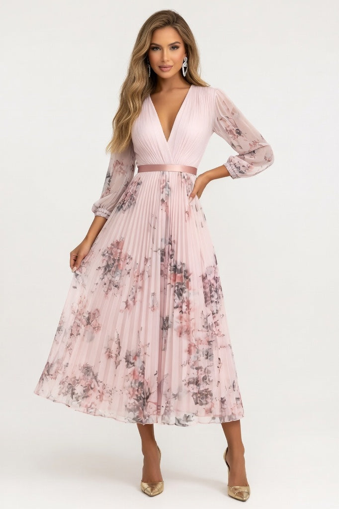 V-Neck Printed Midi Dress — Pink Print