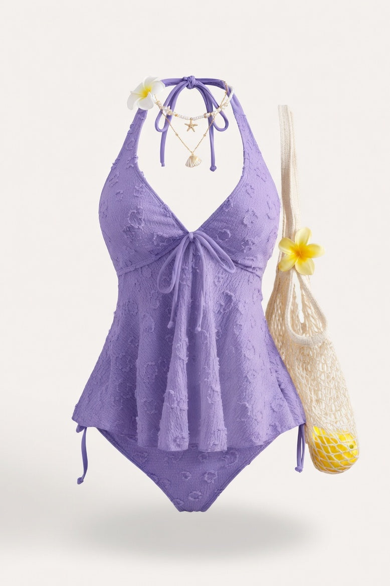 Lace Halter Swimsuit with Ruffle Detail — Purple