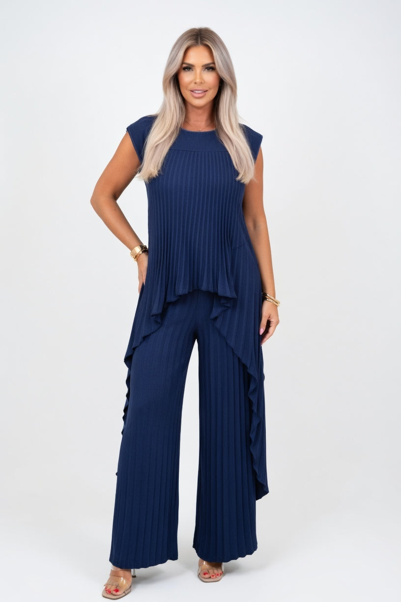Tailored Top & Pleated Pants Co-ord — Navy Blue