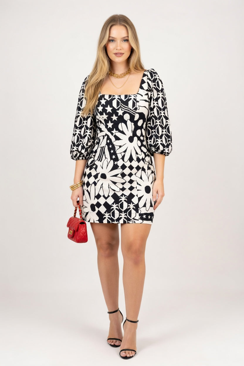 Printed Square Neck Mini Dress — front view