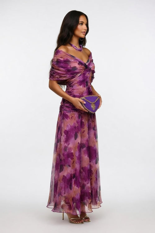 Printed Off-Shoulder Pleated Dress — side view