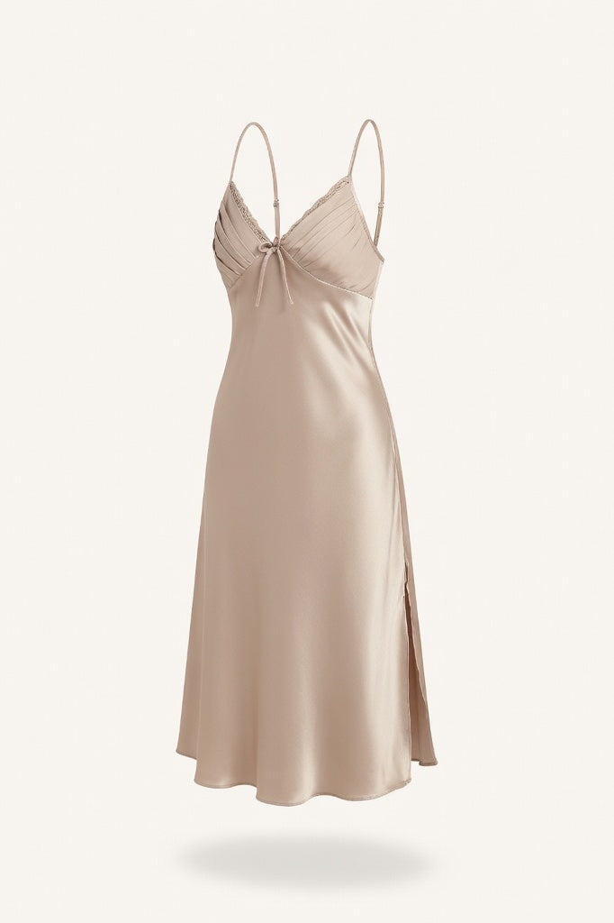 Silk Slip Nightdress with Bow Ties — Camel