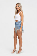 Raw Hem Denim Shorts — side view