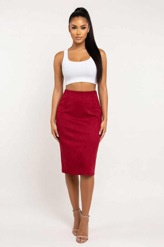 Suede Mini Skirt with Front Slit — Red