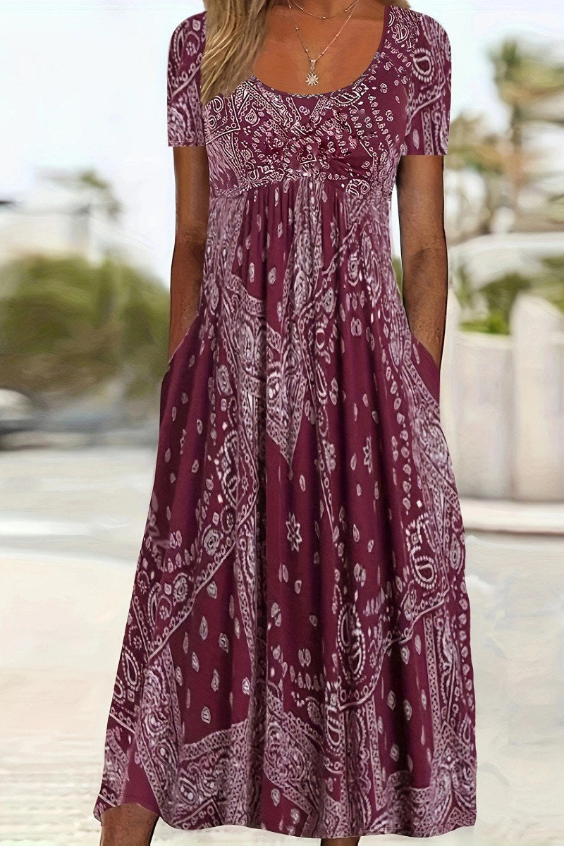 Printed Midi Dress Round Neck Short Sleeve — Red — colour variant