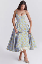 Double Layer Mesh Halter Dress — Blue Yellow Floral — colour variant