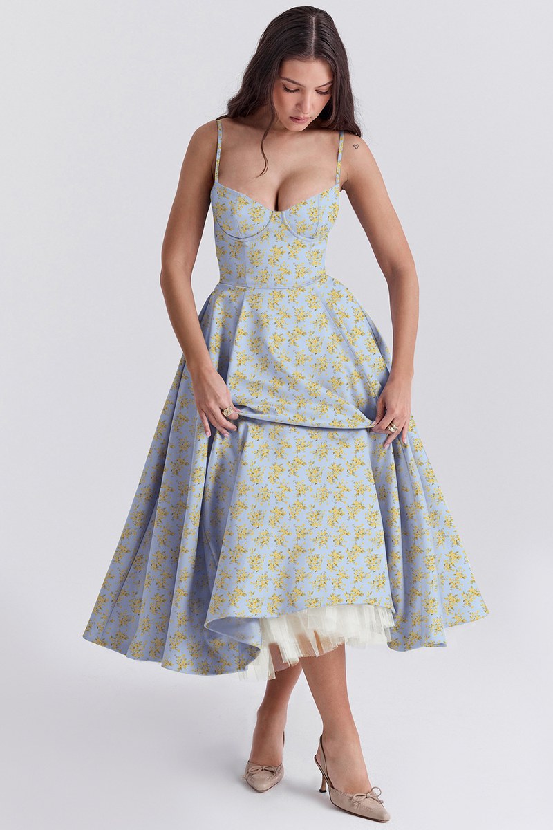 Double Layer Mesh Halter Dress — Blue Yellow Floral — colour variant