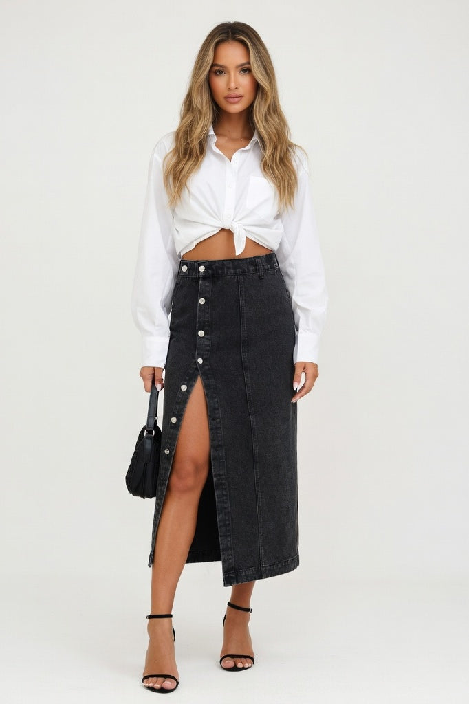 High-Waisted Denim Slit Skirt — Distressed Black