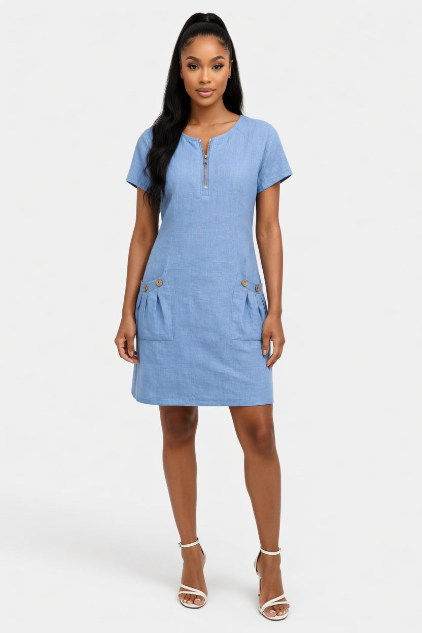 Zip Front Mini Dress — Light Blue