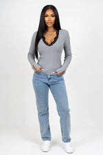 Lace Panel Brushed Long Sleeve Top — Grey