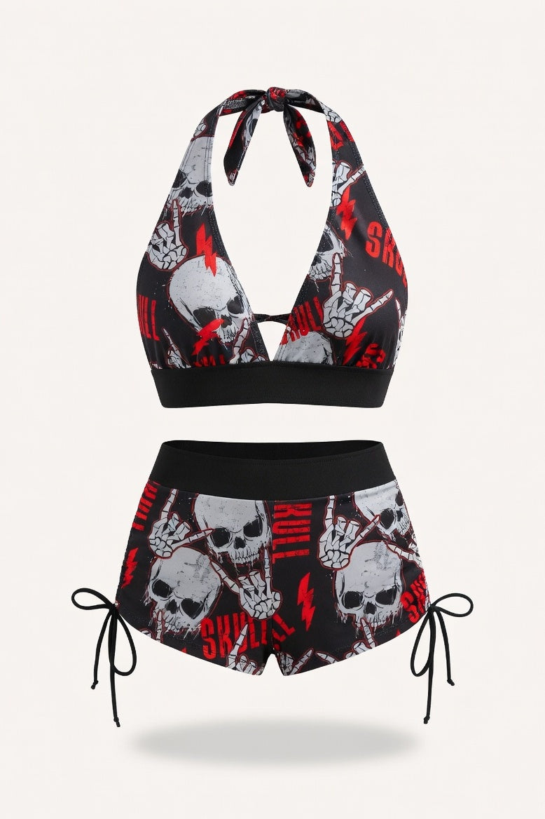 Skull Print Boxer Swimsuit — Black Red Skull