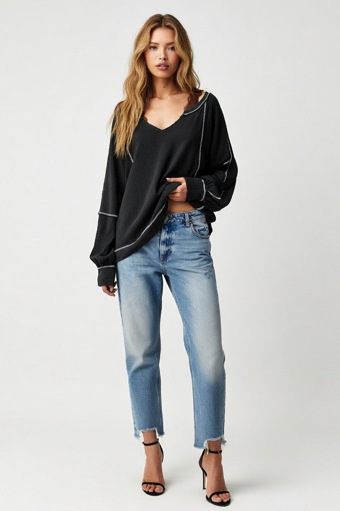 V-Neck Sweatshirt with Contrast Detailing — Black