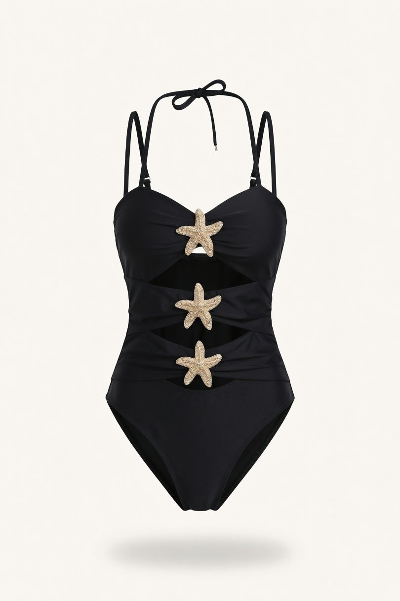 Metal Star One-Piece Swimsuit — Black