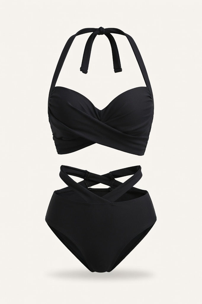 Printed High Waist Bikini Set — Black