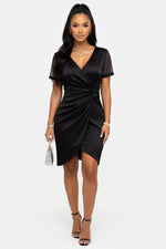 Satin V-Neck Mini Dress — Black