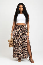 Printed Slit Midi Skirt — Brown