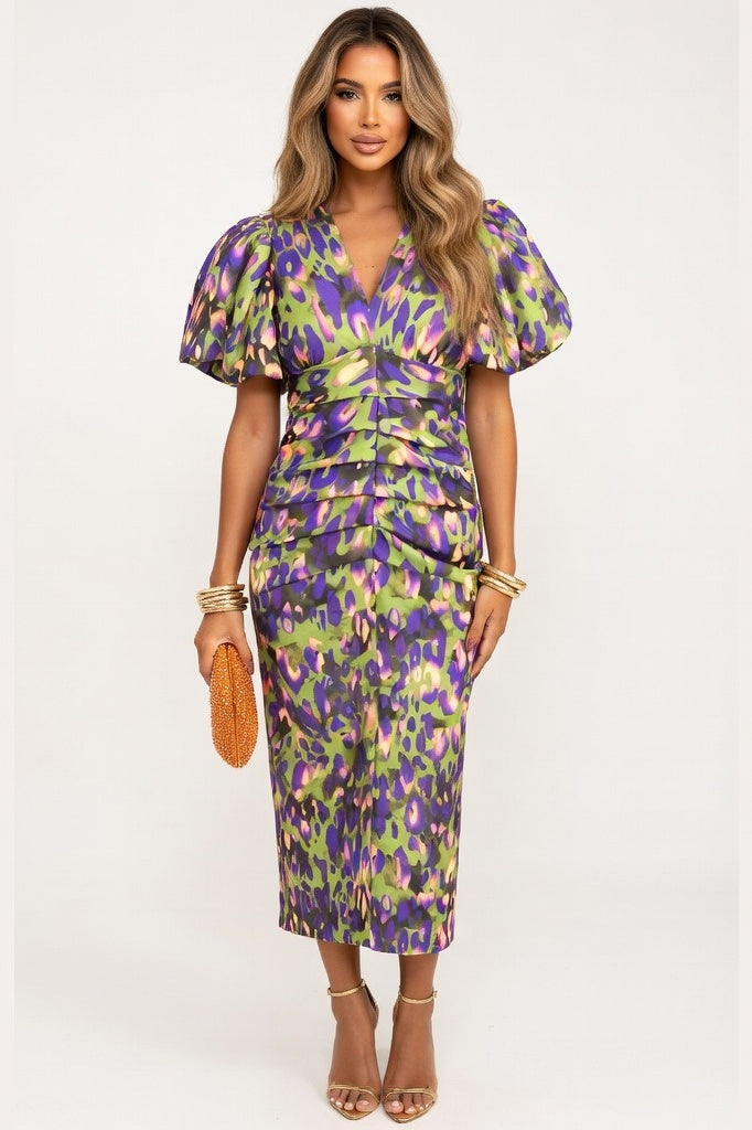 Printed V-Neck Bodycon Dress — Green