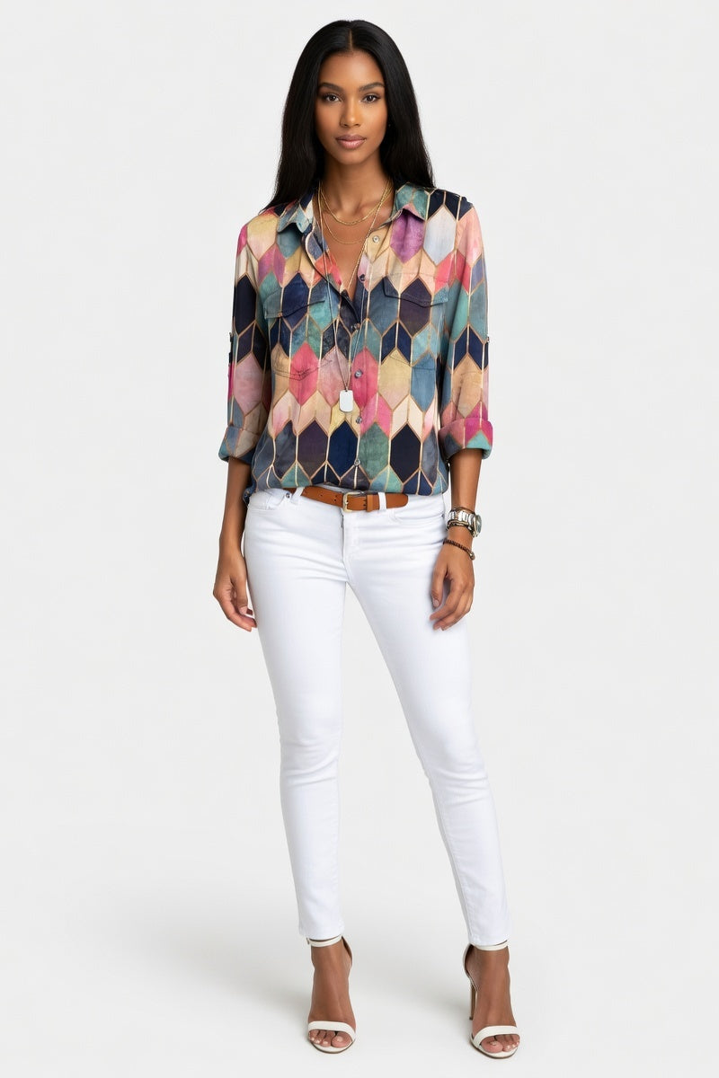 Printed Shirt Lapel Top — Pink