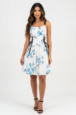 Printed Halter Dress with O-Ring Detail — Blue Floral