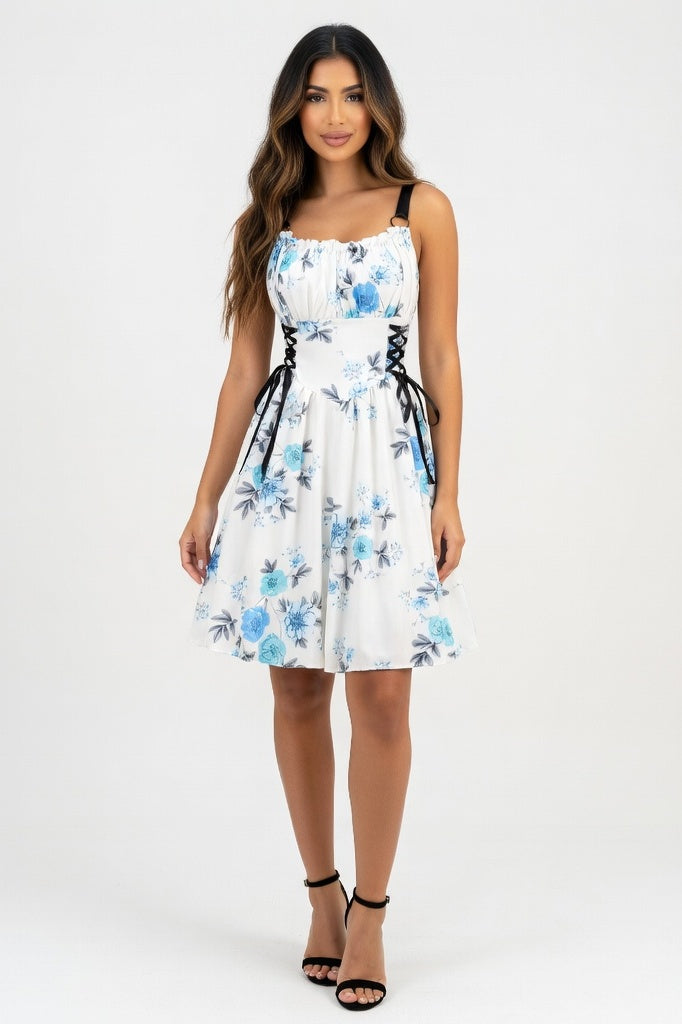 Printed Halter Dress with O-Ring Detail — Blue Floral