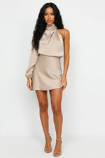 One-Shoulder Satin Midi Dress — Apricot