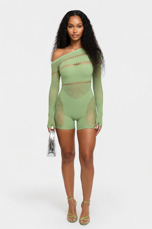Off Shoulder Mesh Bodycon Jumpsuit — front view