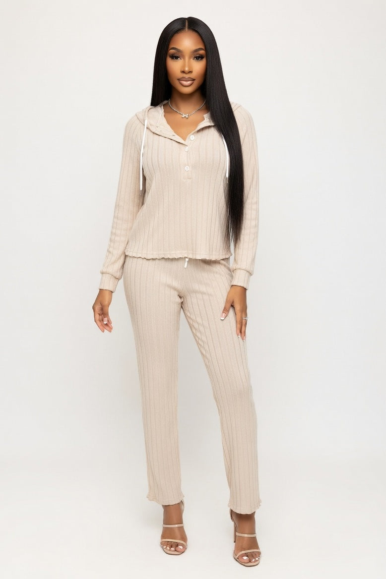 Ribbed Hoodie & Trouser Co-ord Set — Apricot
