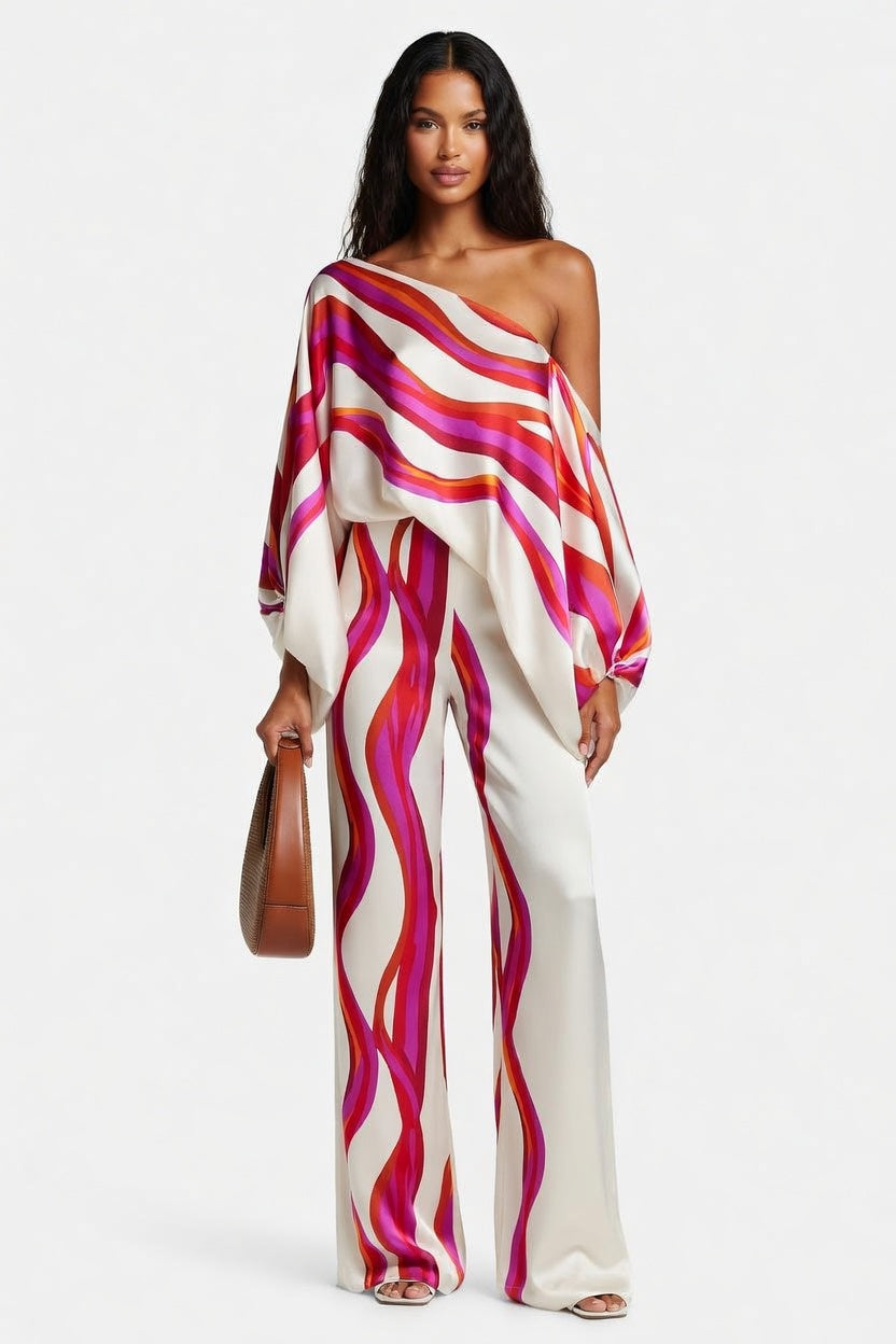 Printed Off-Shoulder Wide Leg Co-ord Set — front view