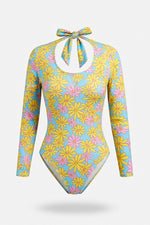Printed Long-Sleeve Swimsuit — Yellow
