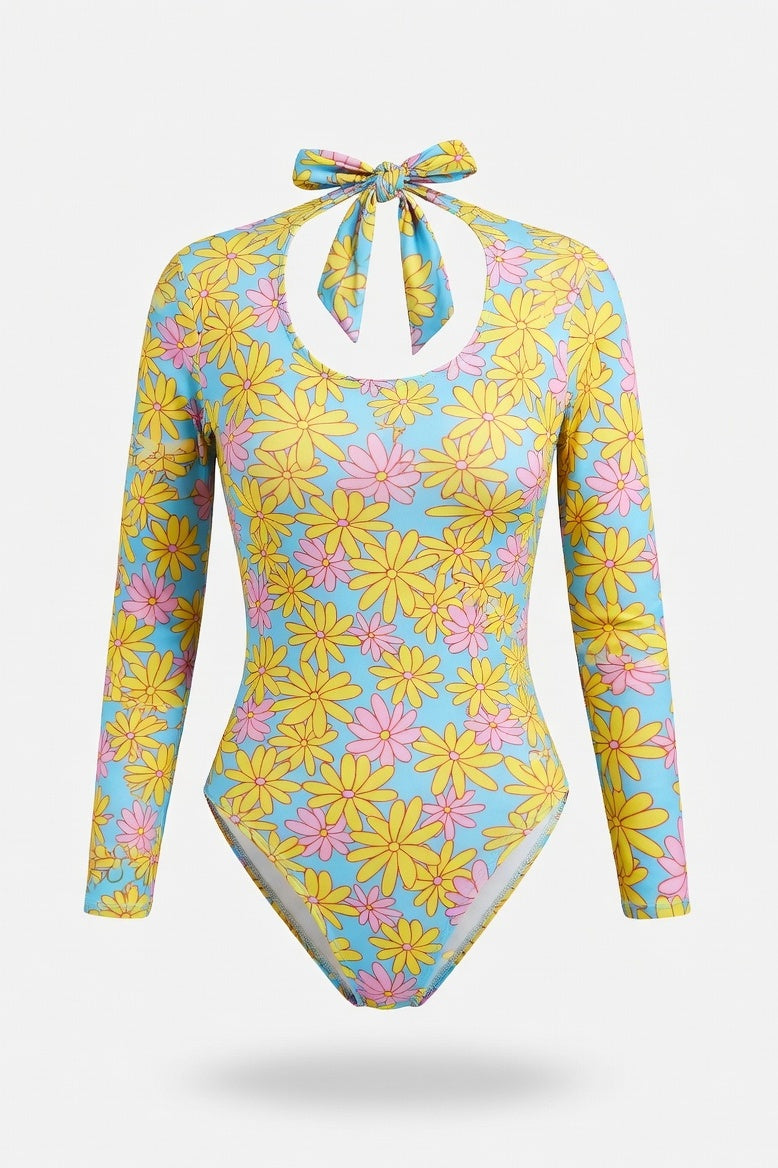 Printed Long-Sleeve Swimsuit — Yellow