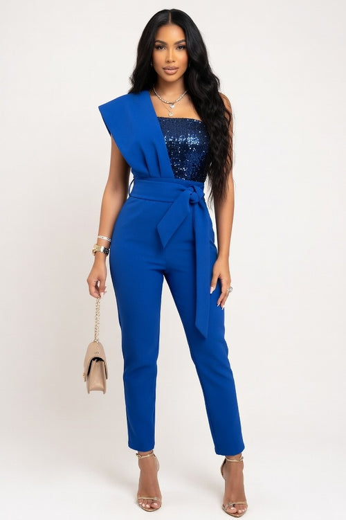 Sequin Belted Jumpsuit — Blue Sequin