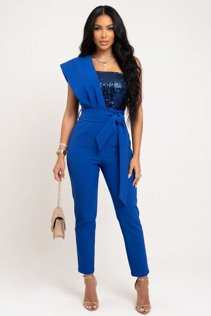 Sequin Belted Jumpsuit — Blue Sequin